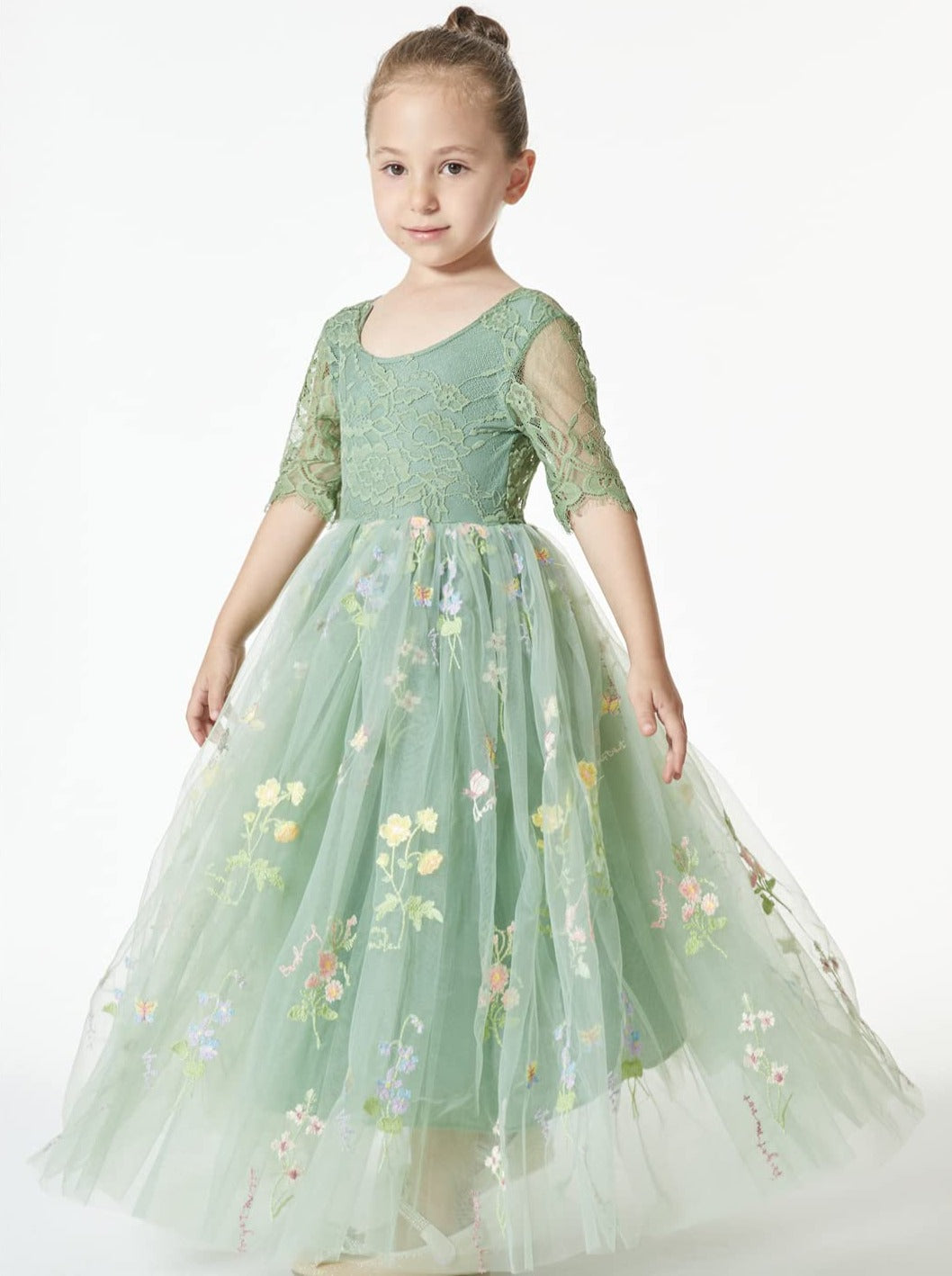 Floral Embroidered Tulle Lace Girl Dress in Sage