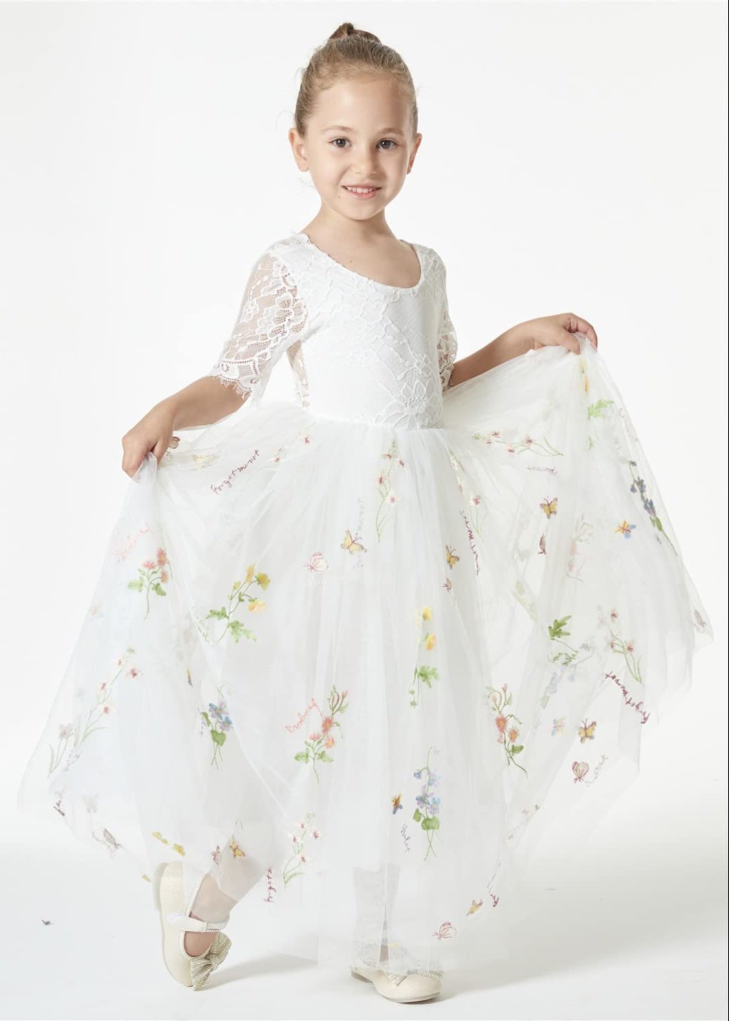Floral Embroidered Tulle Lace Girl Dress in White