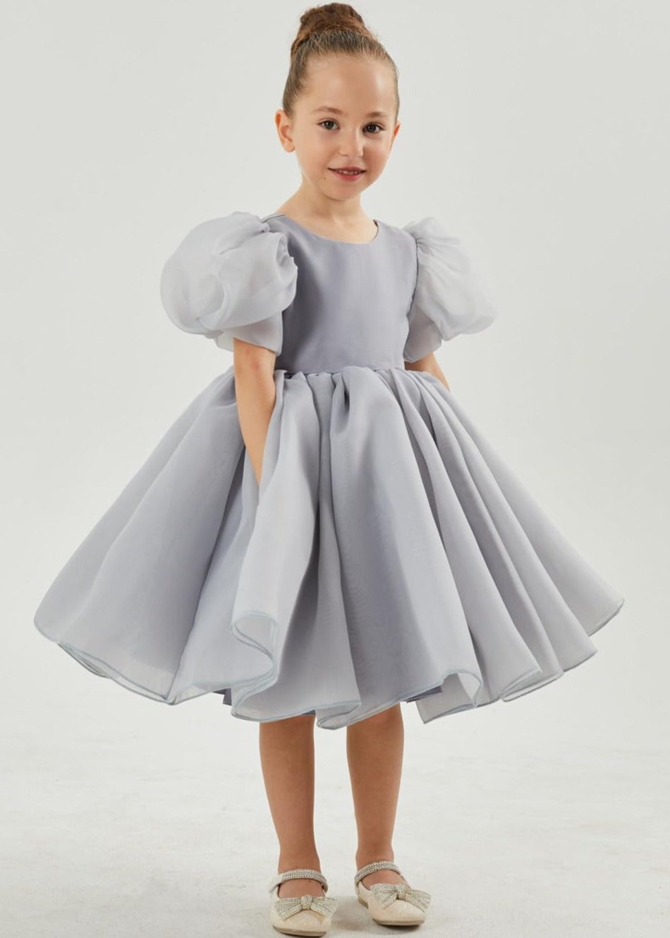 Organza Tulle Babydoll Girl Dress in Silver gray