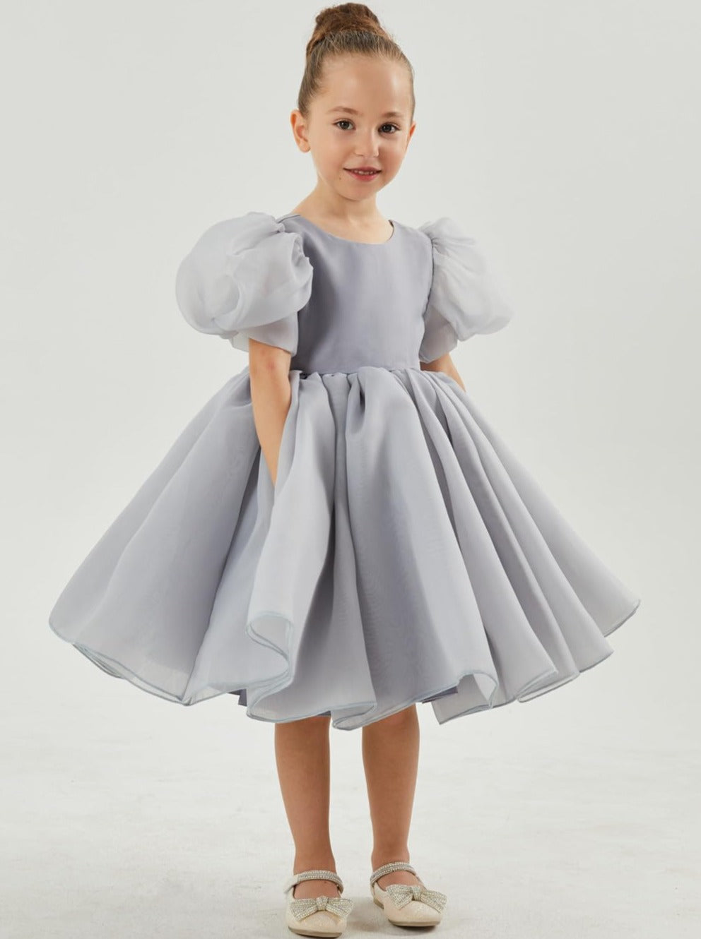 Organza Tulle Babydoll Girl Dress in Silver gray