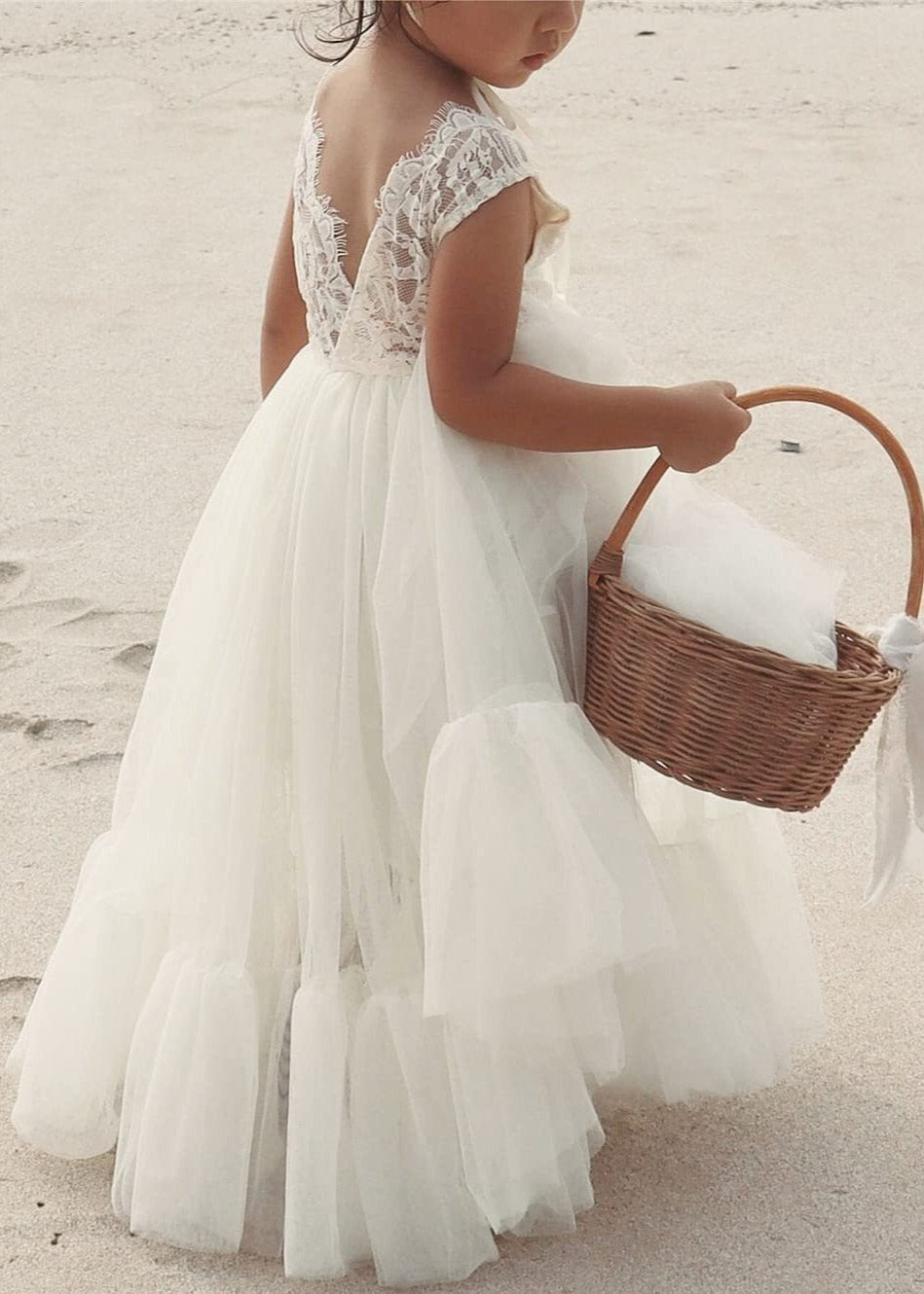 Paisley Lace Flower Girl Dress in White Sleeveless Floor-Length Tulle A-Line V-Back Scoop