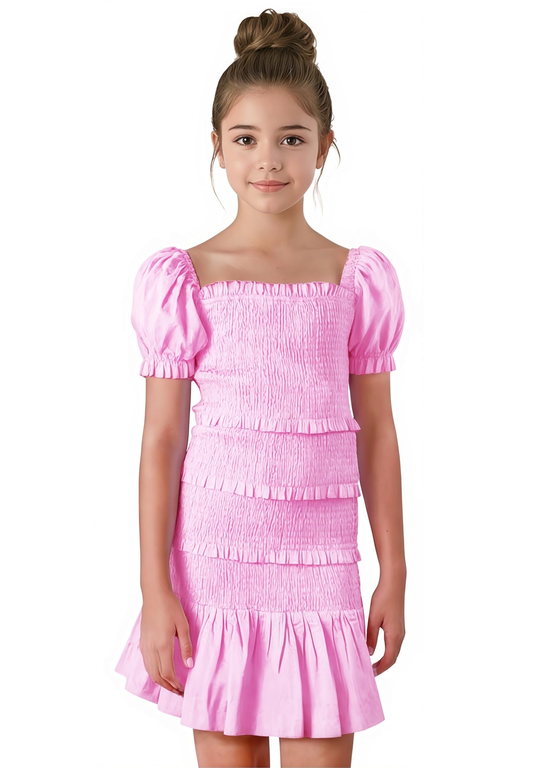2Bunnies Girls' Tween Teen Smocked Ruffle Mini Dress