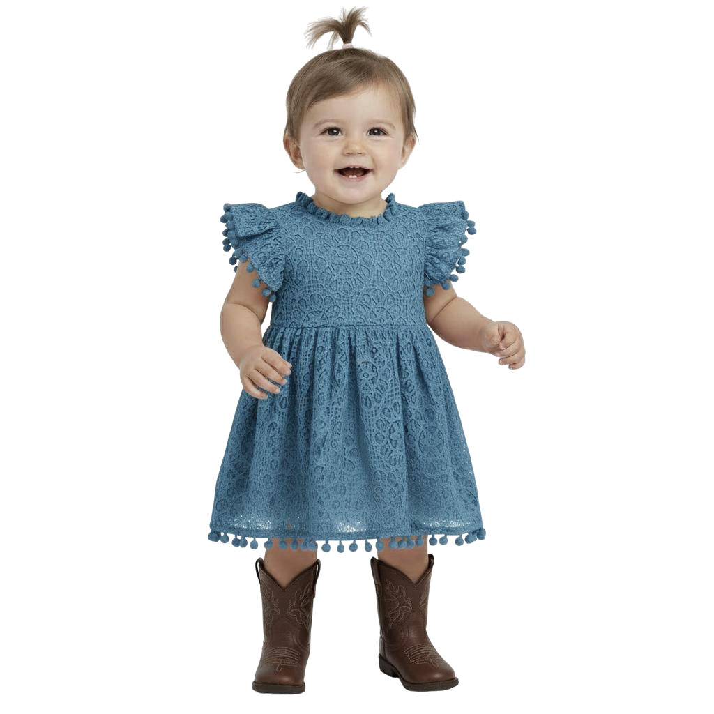 2Bunnies Lace Pom Pom Trim Baby Girl Dress