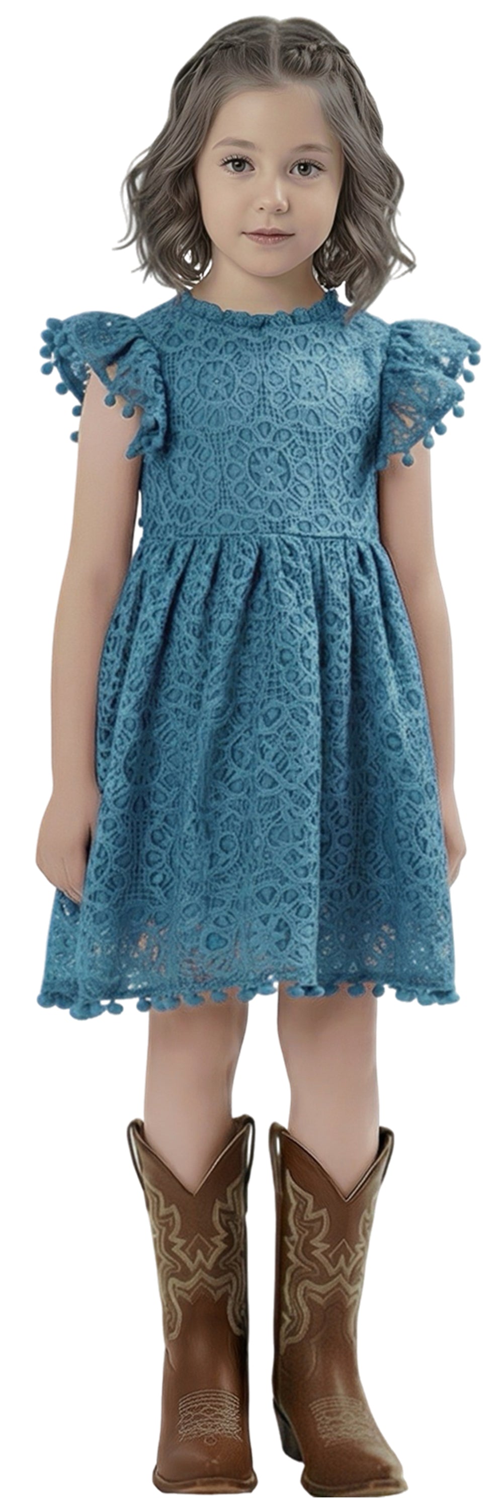 Sunflower Lace Pom Pom Trim Girl Dress in Smoky Blue