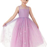 Young girl wearing a purple dress with star patterns on a white background