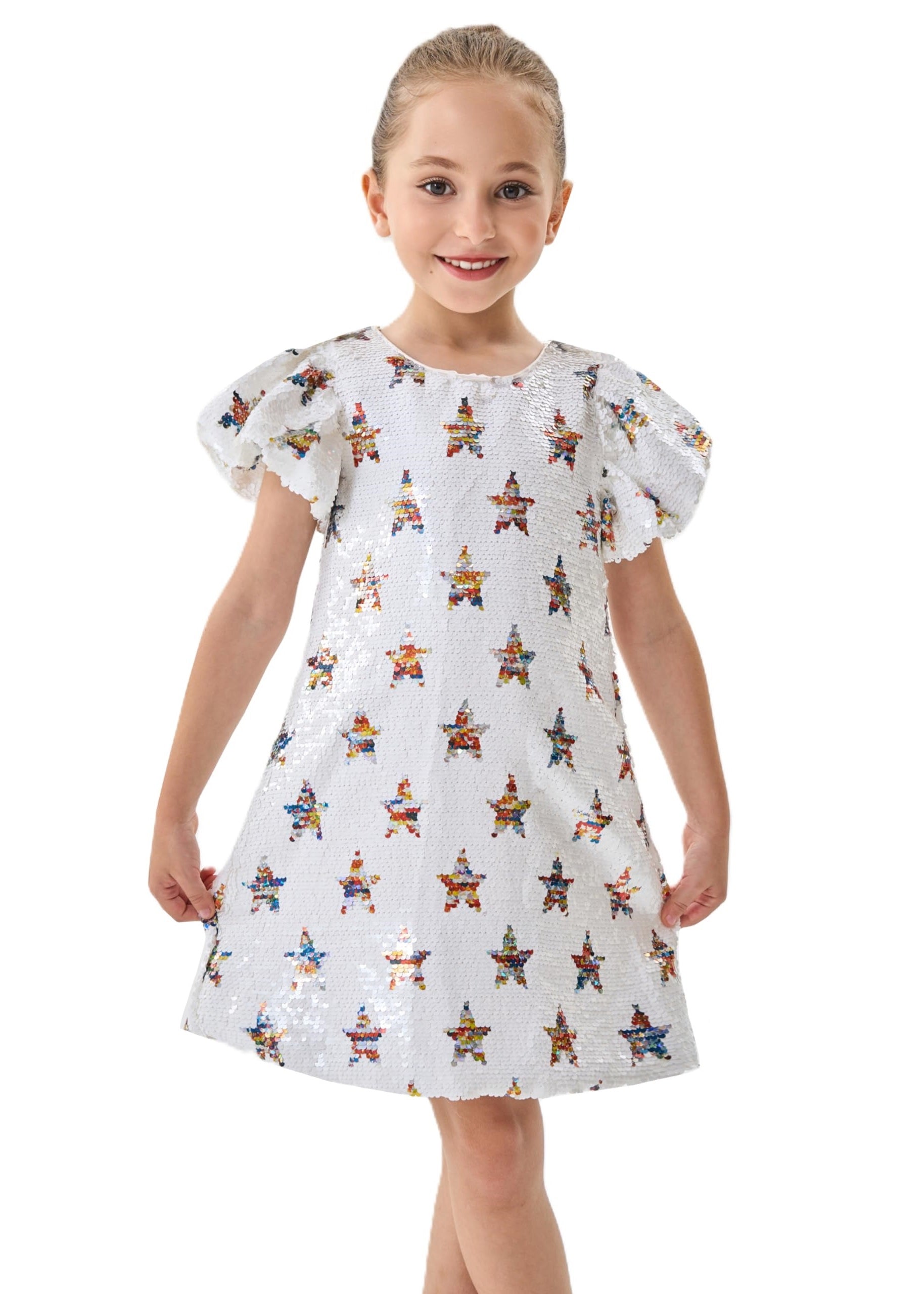 2Bunnies Girls' Galaxy Star Sequin Puff Sleeve Dress