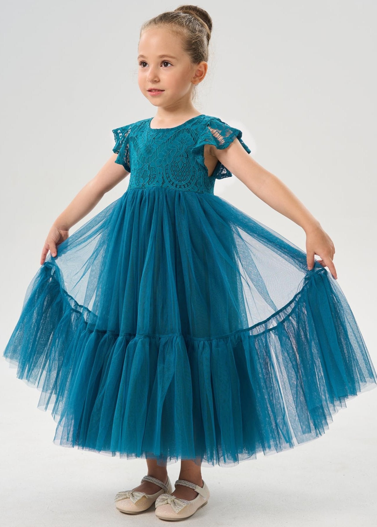Orchid Lace Vintage Bohemian Girl Dress in Teal