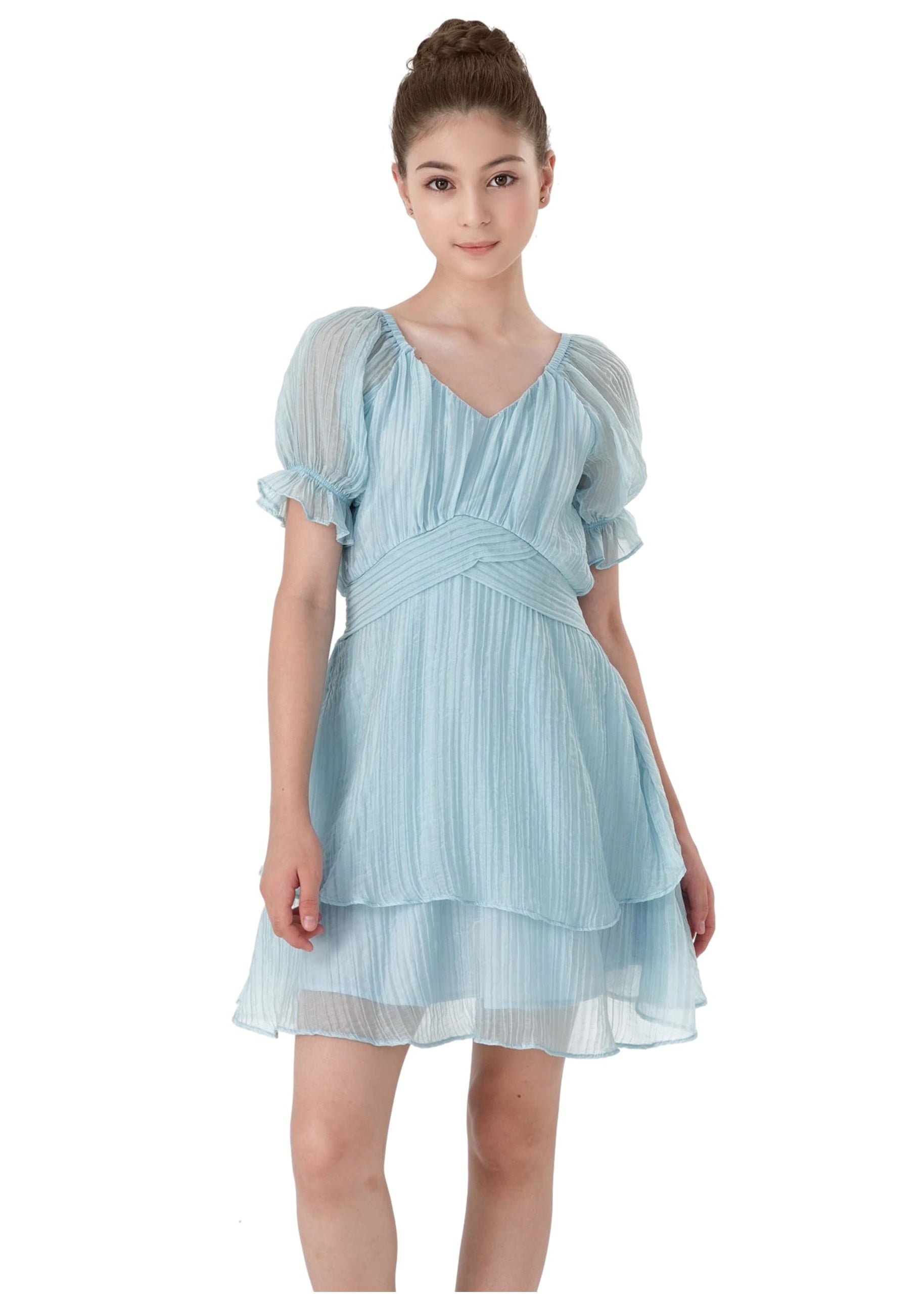2Bunnies Girls Tween Teen Tiered Layered Ruffle Textured Pleated Mini Dress