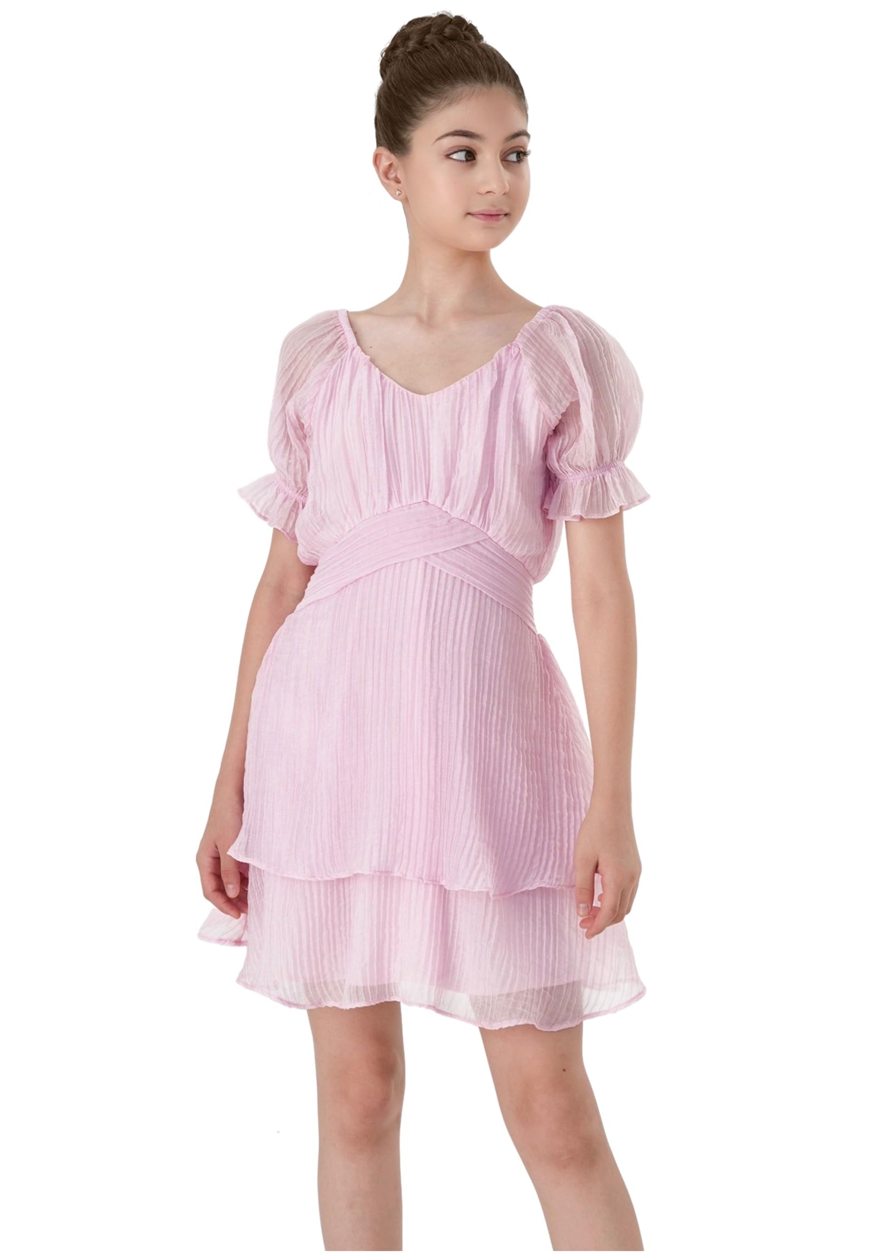 2Bunnies Girls Tween Teen Tiered Layered Ruffle Textured Pleated Mini Dress