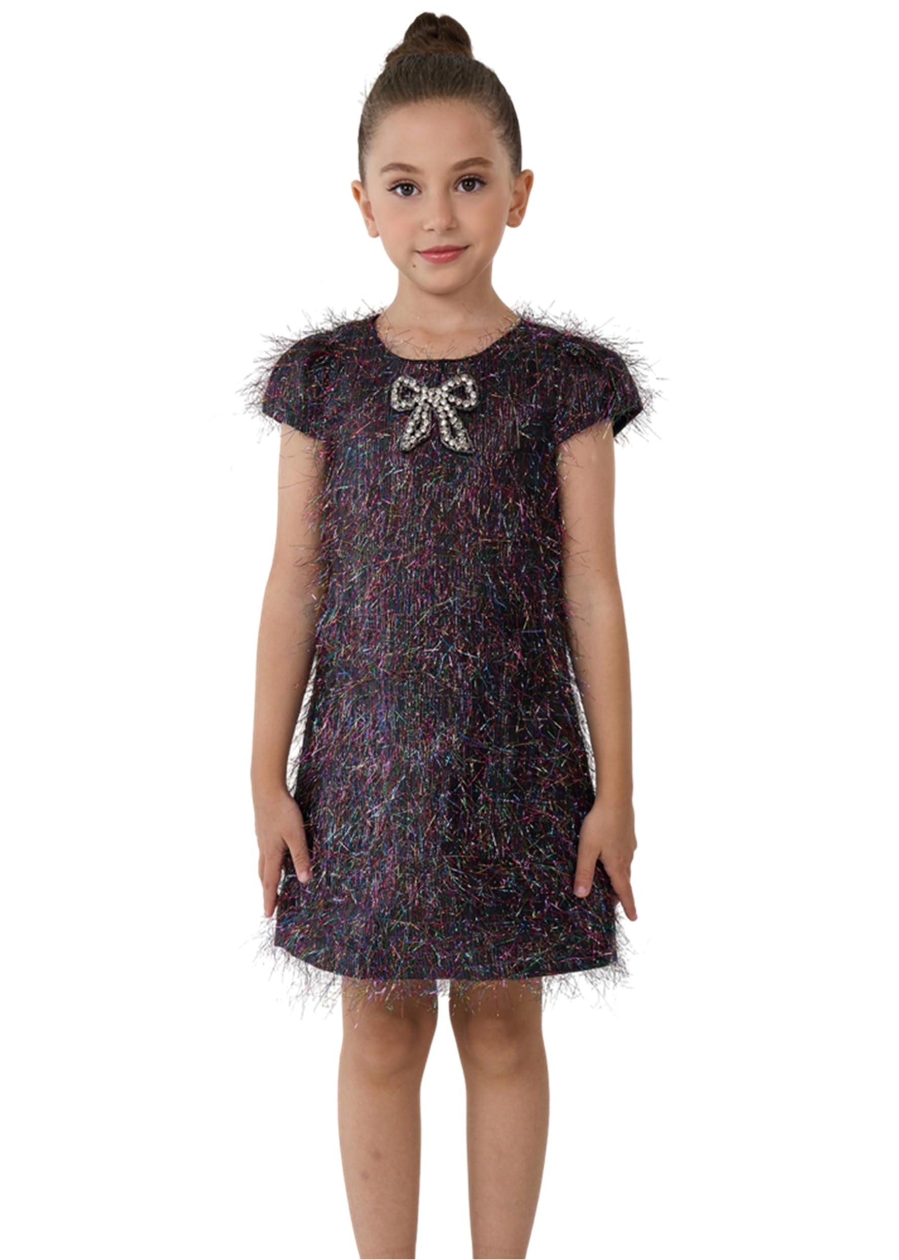 2Bunnies Girls Rainbow Tinsel Ombre Pastel Sequin Dress Black