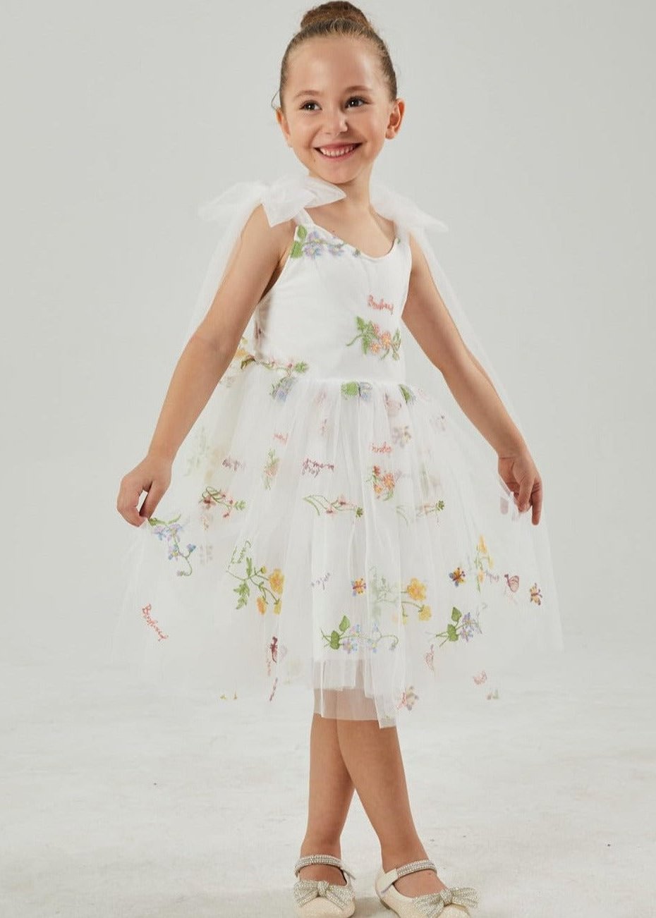 Floral Embroidered Tulle Strap Girl Dress in White Knee