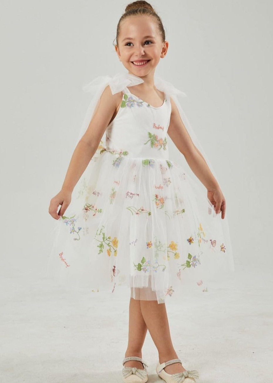 Floral Embroidered Tulle Girl Dress in White Knee