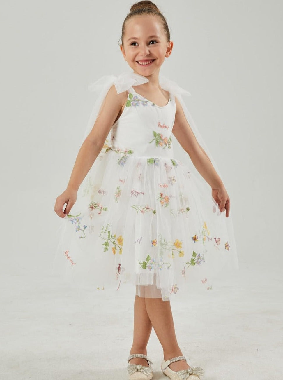Floral Embroidered Tulle Girl Dress in White Knee