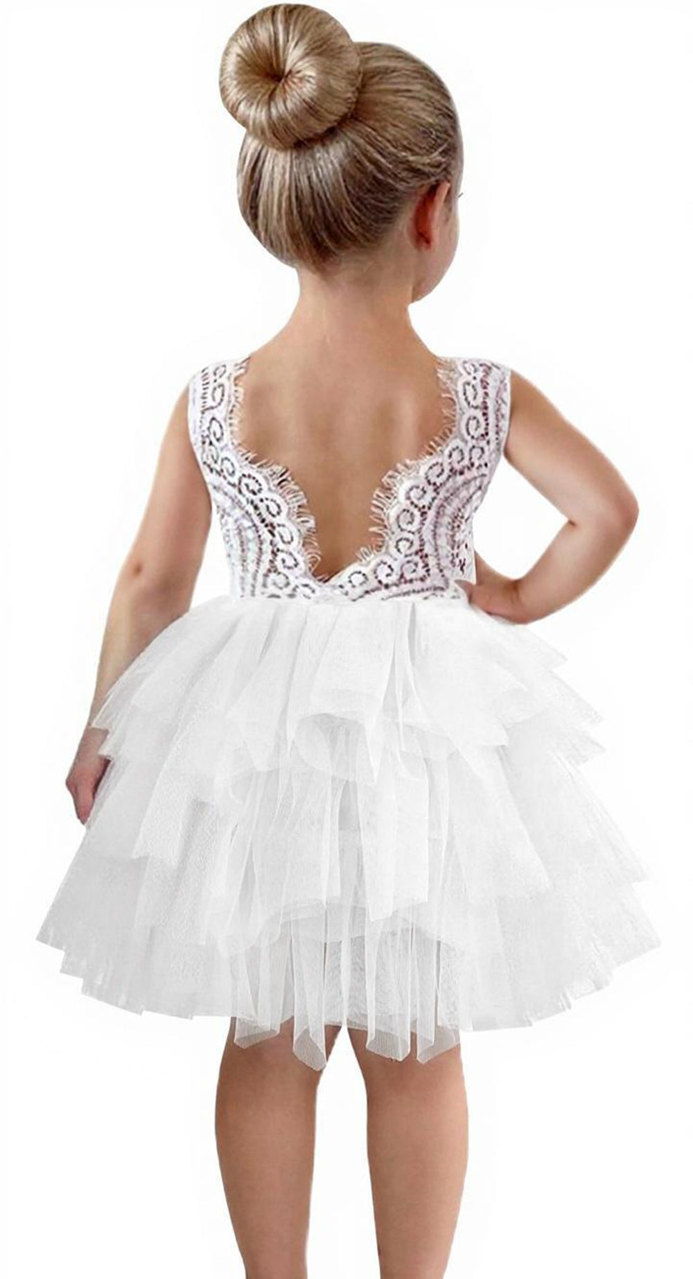 2Bunnies Girls' Beaded Peony Lace Tiered Sleeveless Knee Flower Girl Dress in White