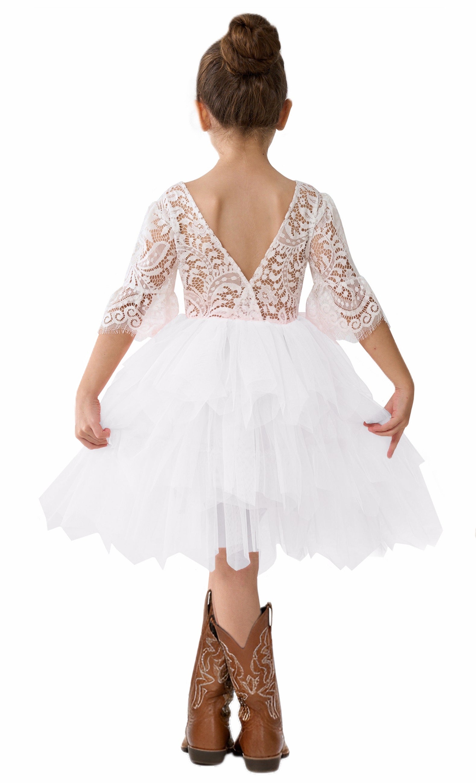 2Bunnies Girls' Peony Lace Tiered Bell Sleeve Knee Flower Girl Dress in White