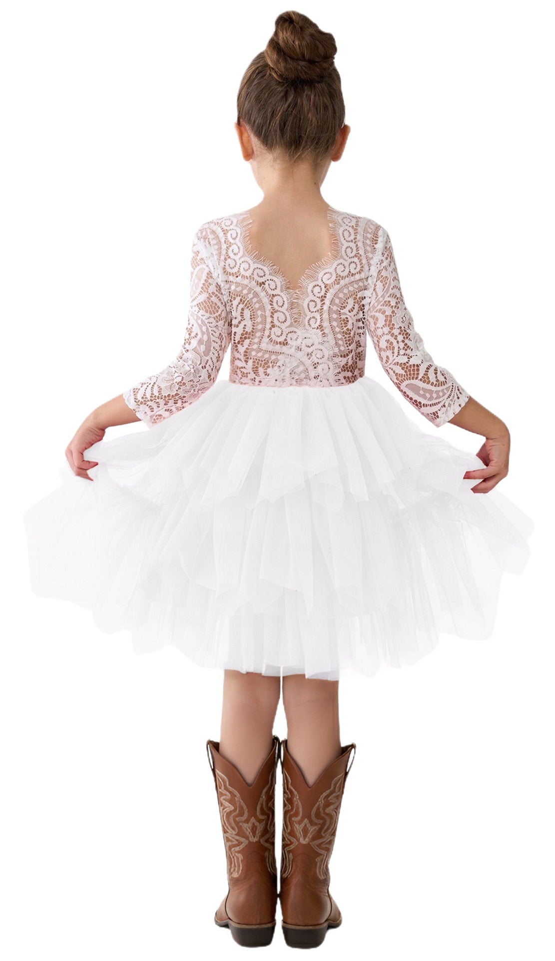 2Bunnies Girls' Peony Lace Tiered 3/4 Sleeve Knee Flower Girl Dress in White