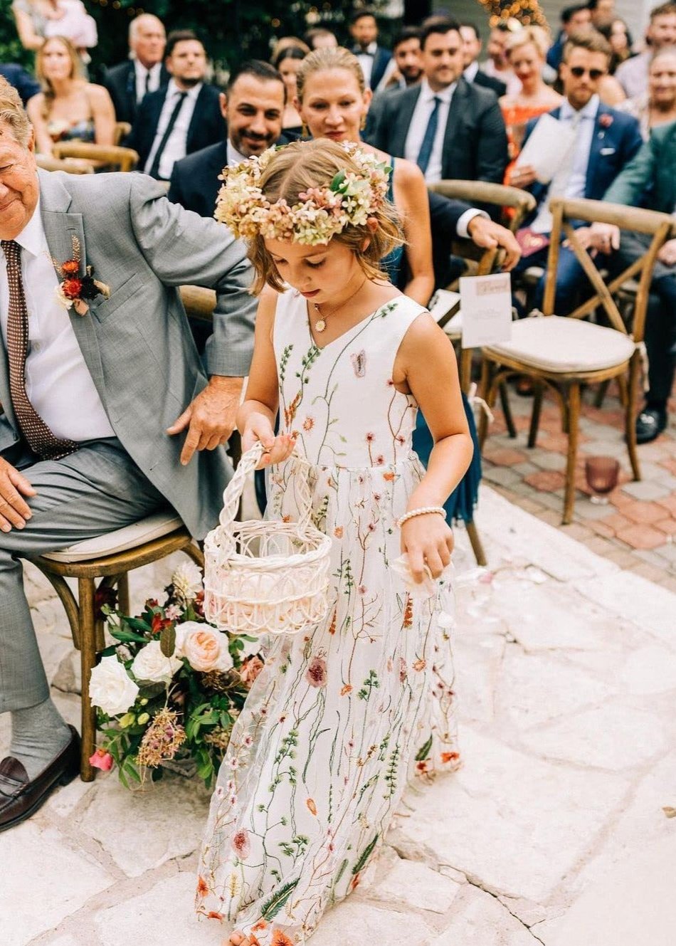 Garden Embroidered Tulle Satin Girl Dress in White