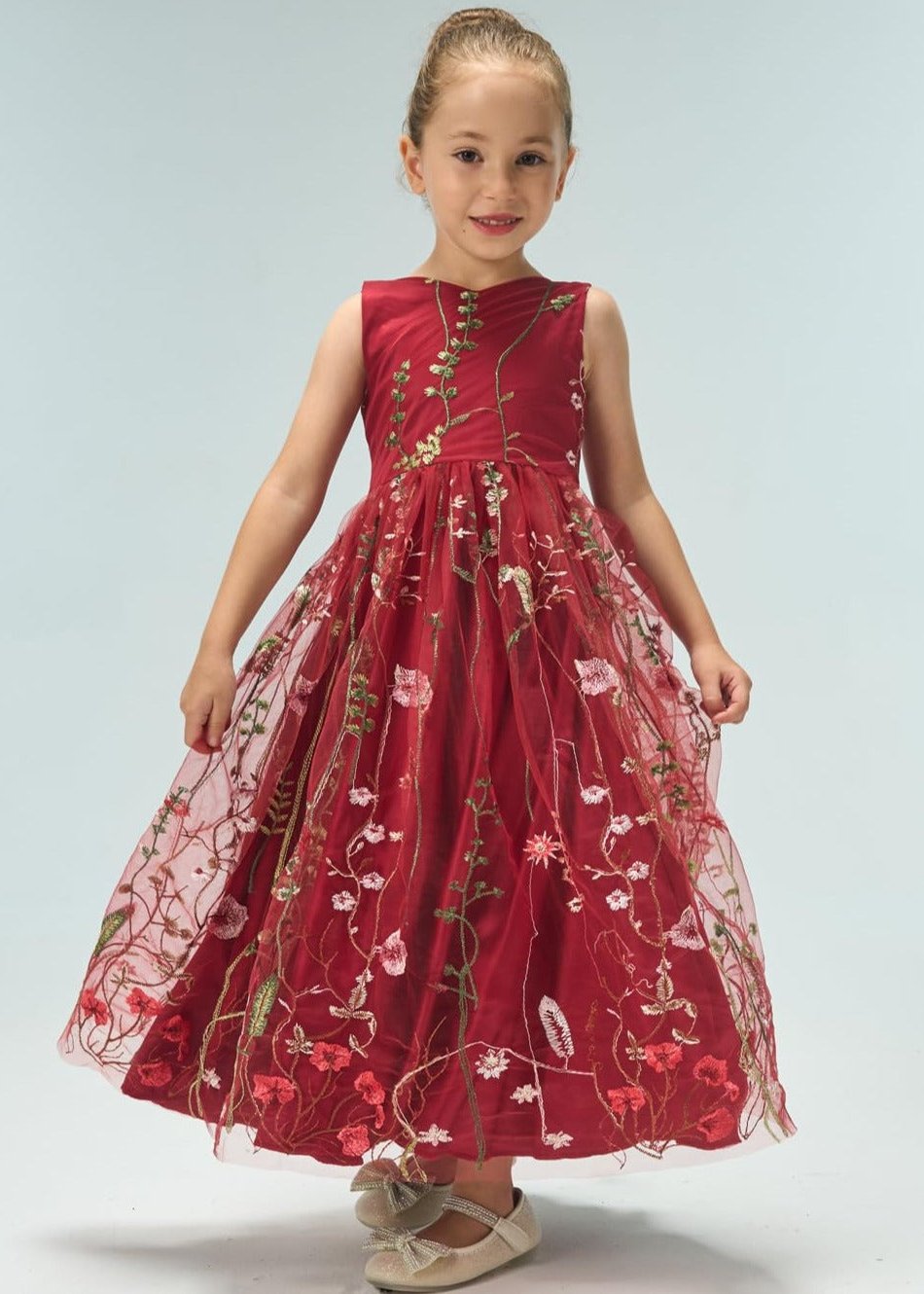Garden Embroidered Tulle Satin Girl Dress in Wine