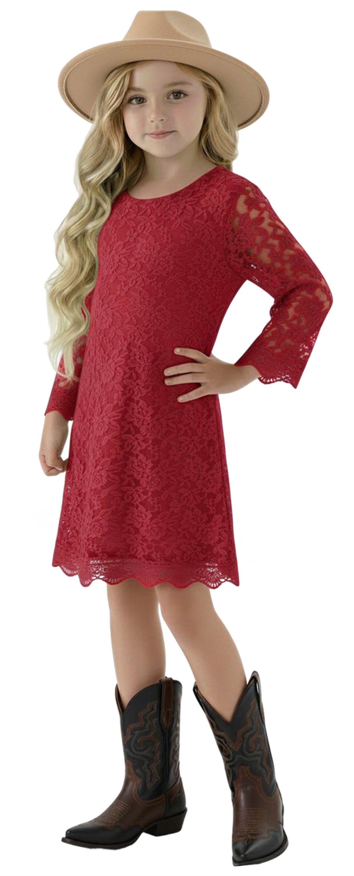 Violet Lace Boho Girl Dress in Wine Red