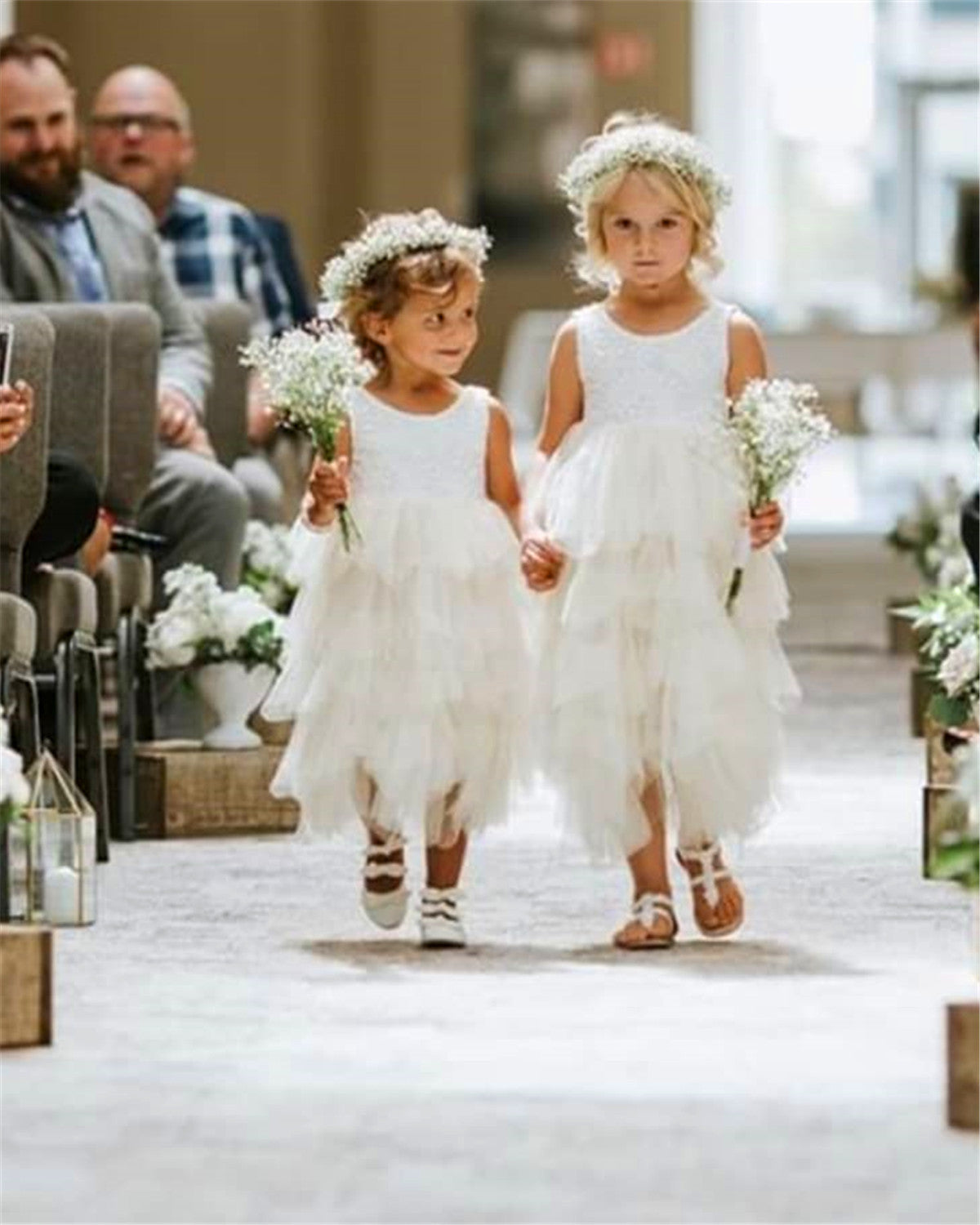2Bunnies Flower Girl Dress Peony Lace Back A-Line Sleeveless Tiered Tulle Maxi (Ivory) - 2BUNNIES