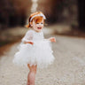 2Bunnies Flower Girl Dress Peony Lace Back A-Line Long Sleeve Tiered Tulle Short (White) - 2BUNNIES