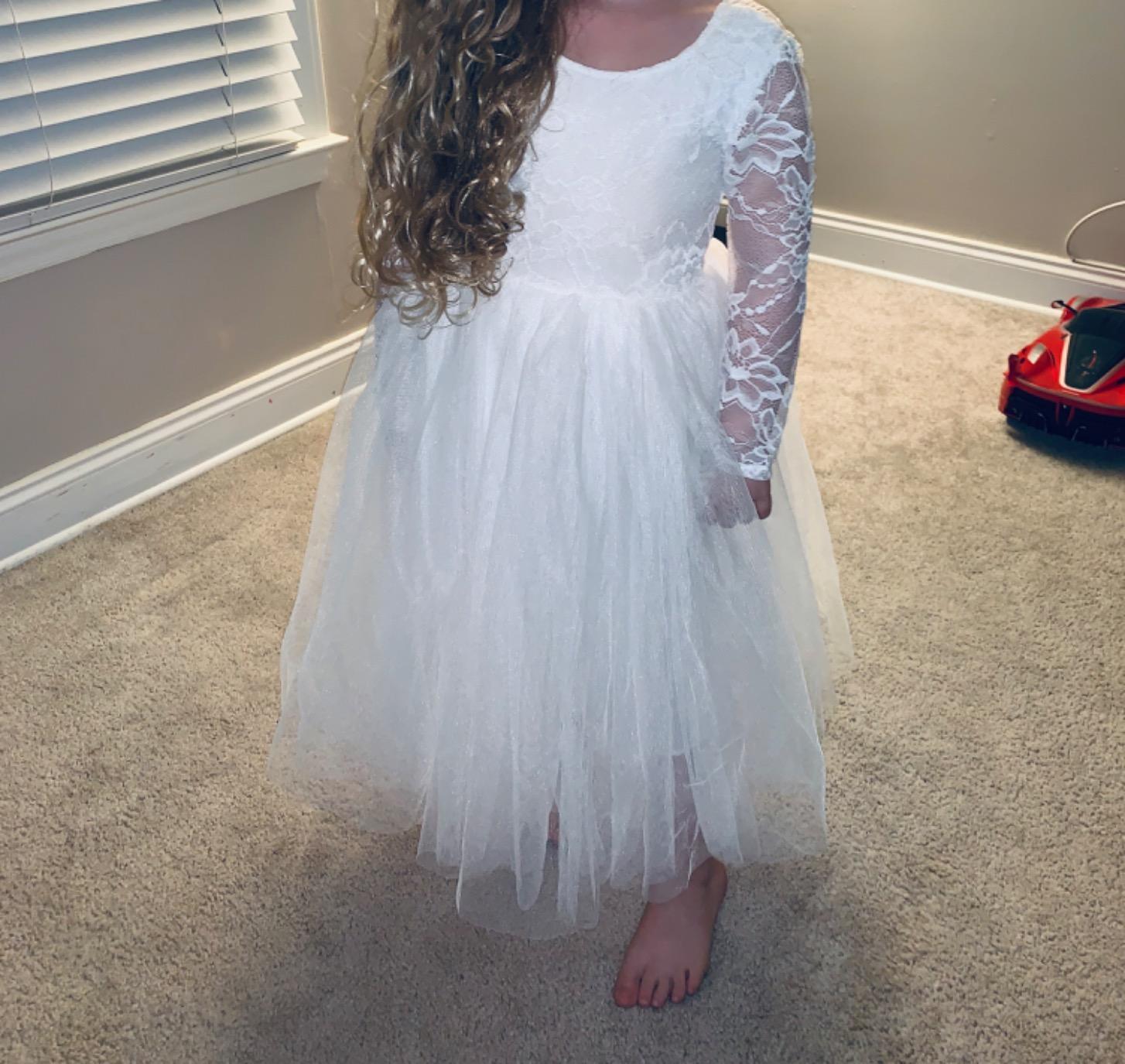 2Bunnies Flower Girl Dress Rose Lace Back A-Line Long Sleeve Straight Tulle Knee (White) - 2BUNNIES
