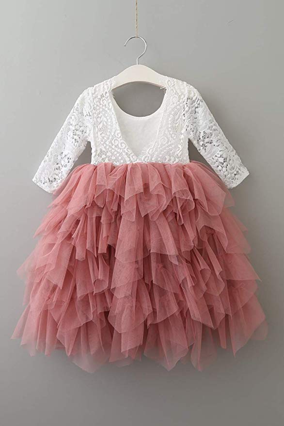 2Bunnies Flower Girl Dress Peony Lace Back A-Line Long Sleeve Tiered Tulle Maxi (Dusty Pink) - 2BUNNIES