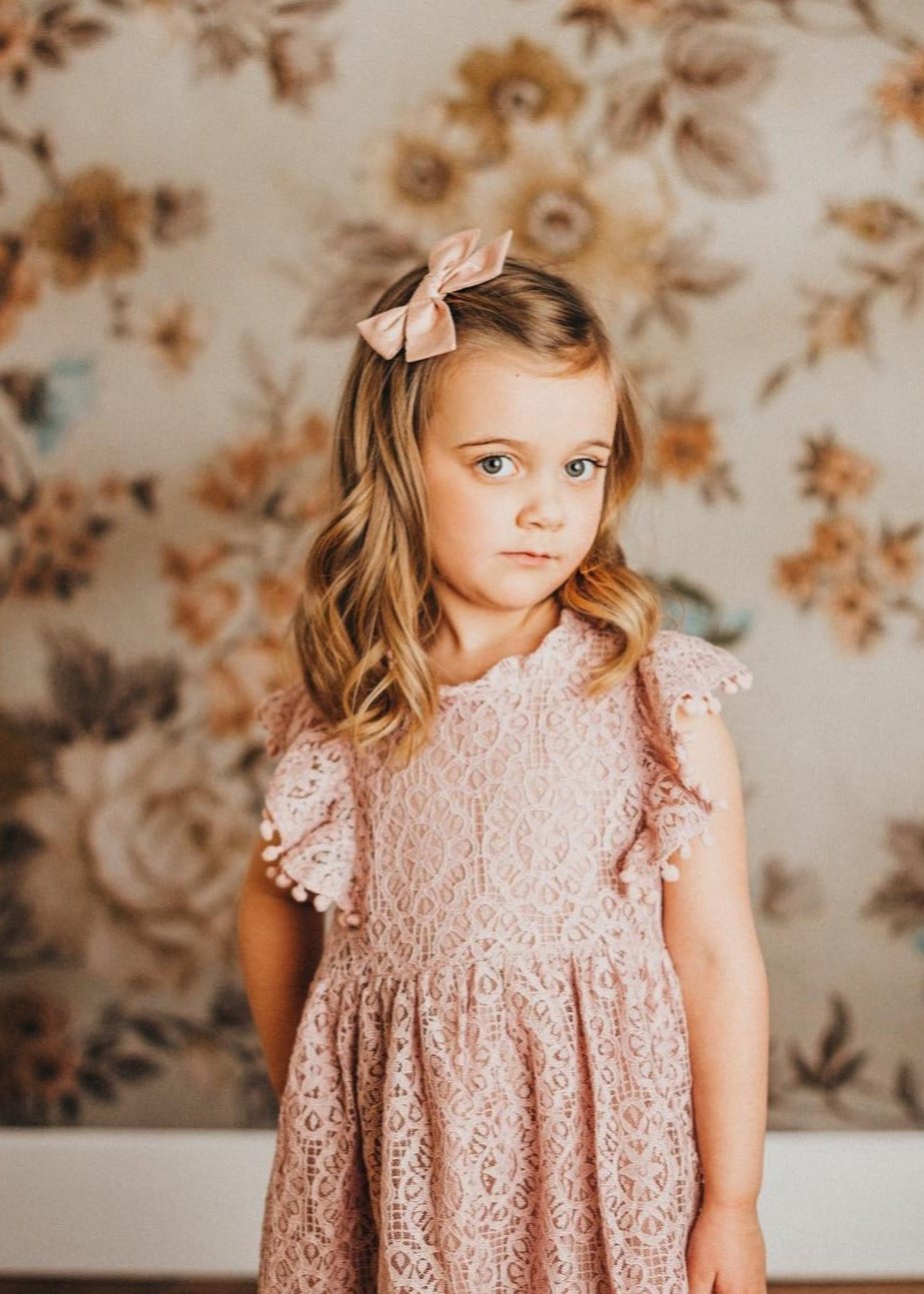 Sunflower Lace Pom Pom Trim Girl Dress in Dusty Pink