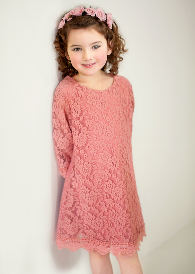 Girls' Boho Floral Lace Scalloped Hem Dress in Dusty Pink