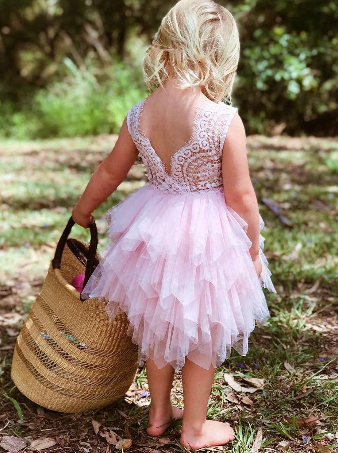 2Bunnies Flower Girl Dress Peony Lace Back A-Line Sleeveless Tiered Tulle Short (No Applique All Pink) - 2BUNNIES