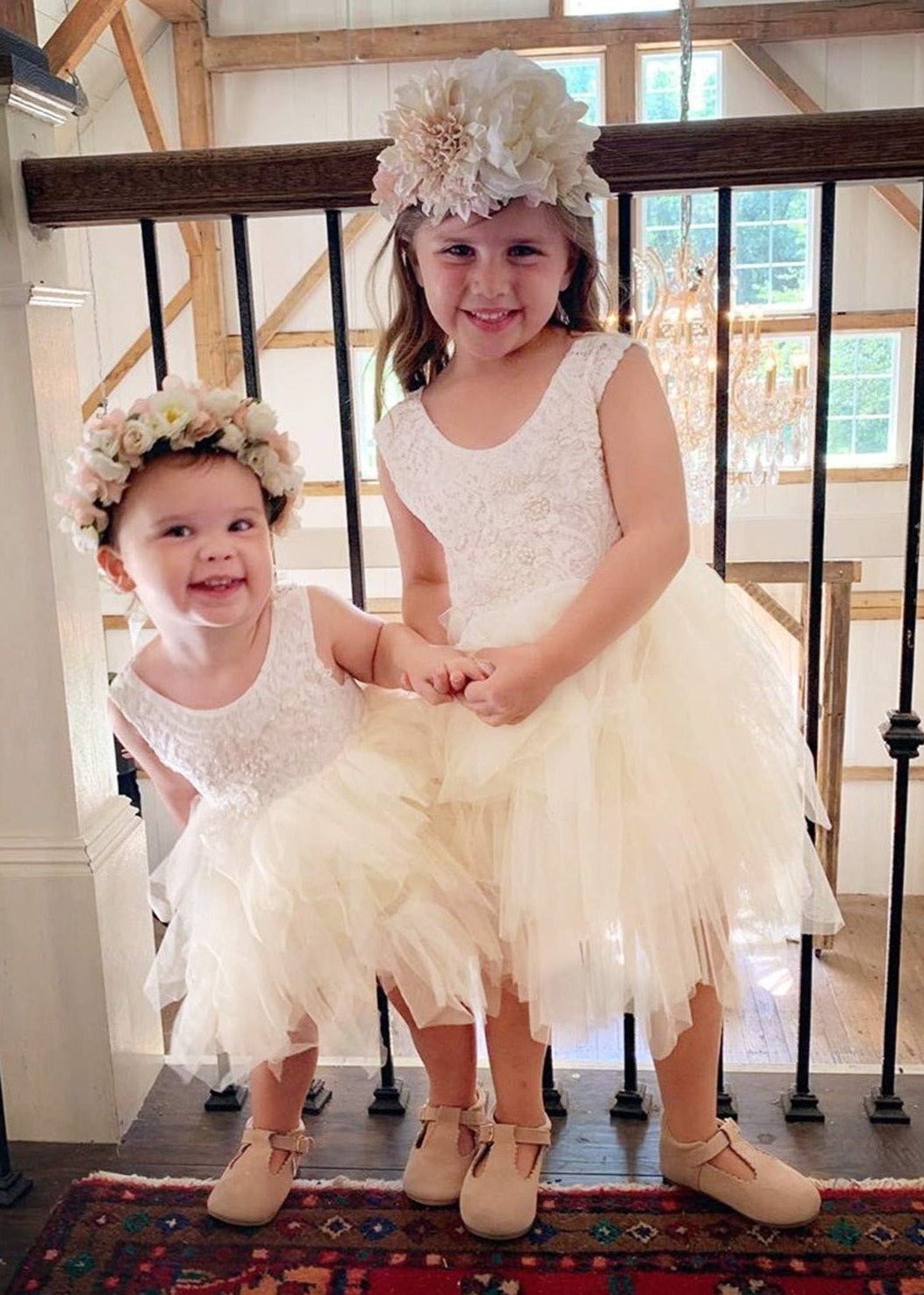 2Bunnies Flower Girl Dress Peony Lace Back A-Line Sleeveless (BEADED) Tiered Tulle Short (Ivory) - 2BUNNIES