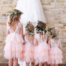 2Bunnies Flower Girl Dress Peony Lace Back A-Line Sleeveless (BEADED) Tiered Tulle Short (Pink) - 2BUNNIES