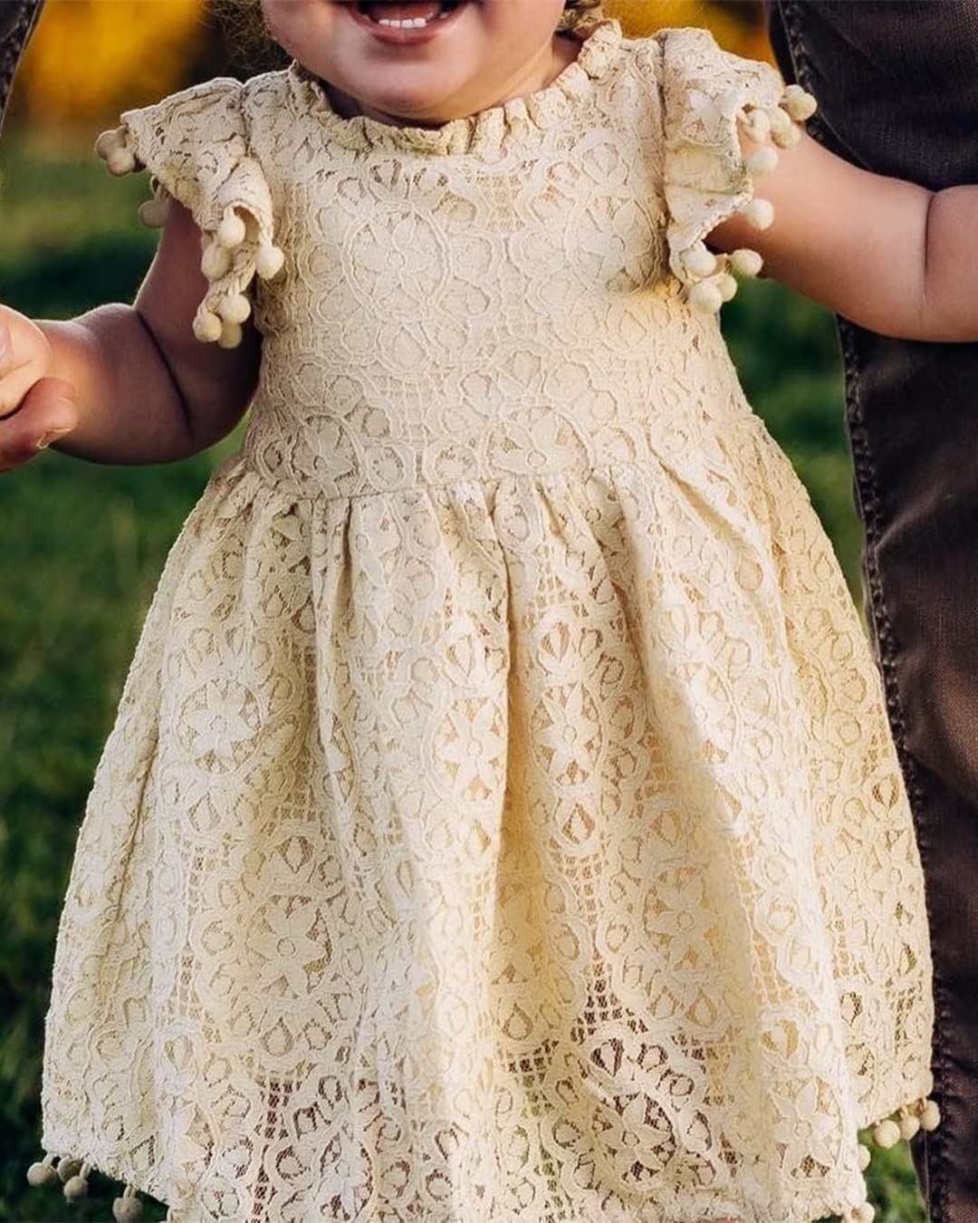 Sunflower Lace Pom Pom Trim Girl Dress in Beige - 2BUNNIES