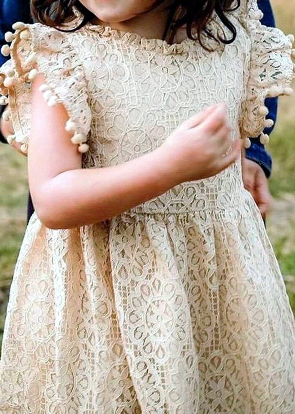 Sunflower Lace Pom Pom Trim Girl Dress in Beige