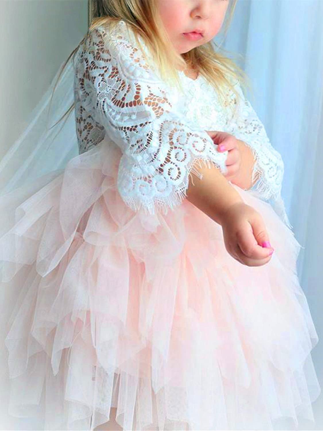 2Bunnies Flower Girl Dress Peony Lace Back A-Line Bell Sleeve Tiered Tulle Short (Pink) - 2BUNNIES
