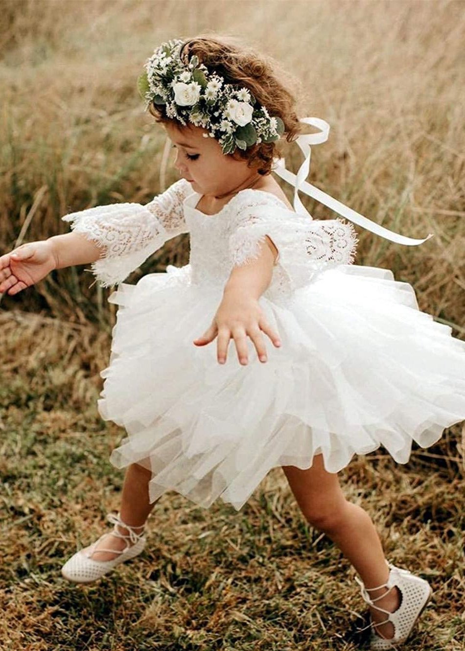 Girls' Peony Lace Tiered Bell Sleeve Knee Flower Girl Dress in White 2BUNNIES Girls' Peony Lace Tiered Bell Sleeve Knee Flower Girl Dress in White 2BUNNIES