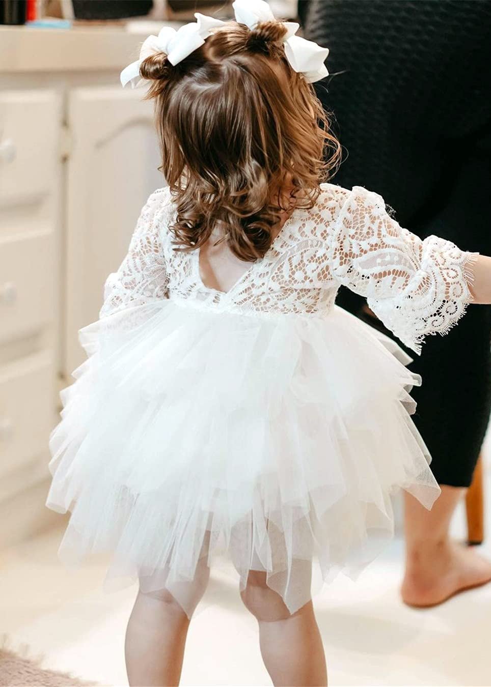 Girls' Peony Lace Tiered Bell Sleeve Knee Flower Girl Dress in White 4T / White