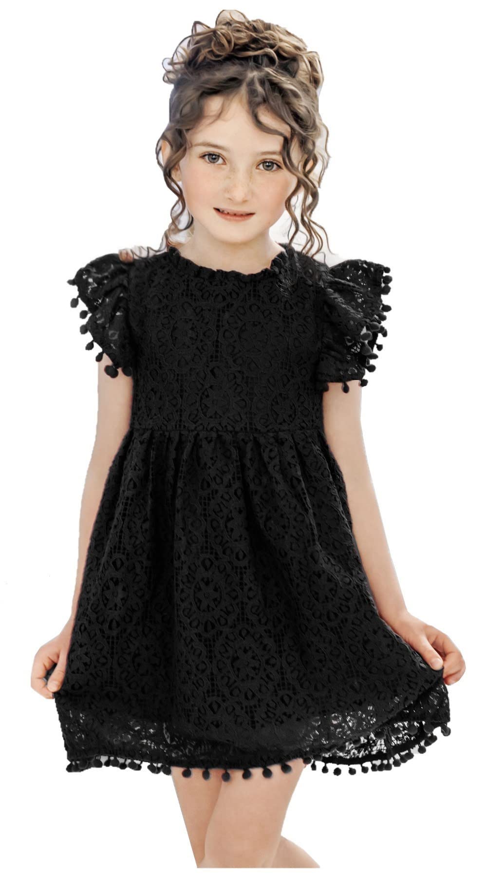 Sunflower Lace Pom Pom Trim Girl Dress in Black - 2BUNNIES
