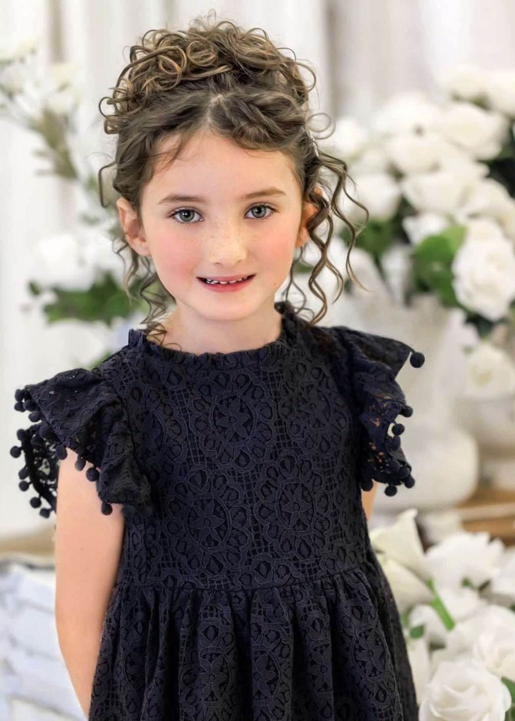 Sunflower Lace Pom Pom Trim Girl Dress in Black