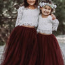 2Bunnies Flower Girl Dress 2 Piece Set Scallop Lace Long Sleeve Straight Tutu Maxi (Burgundy) - 2BUNNIES