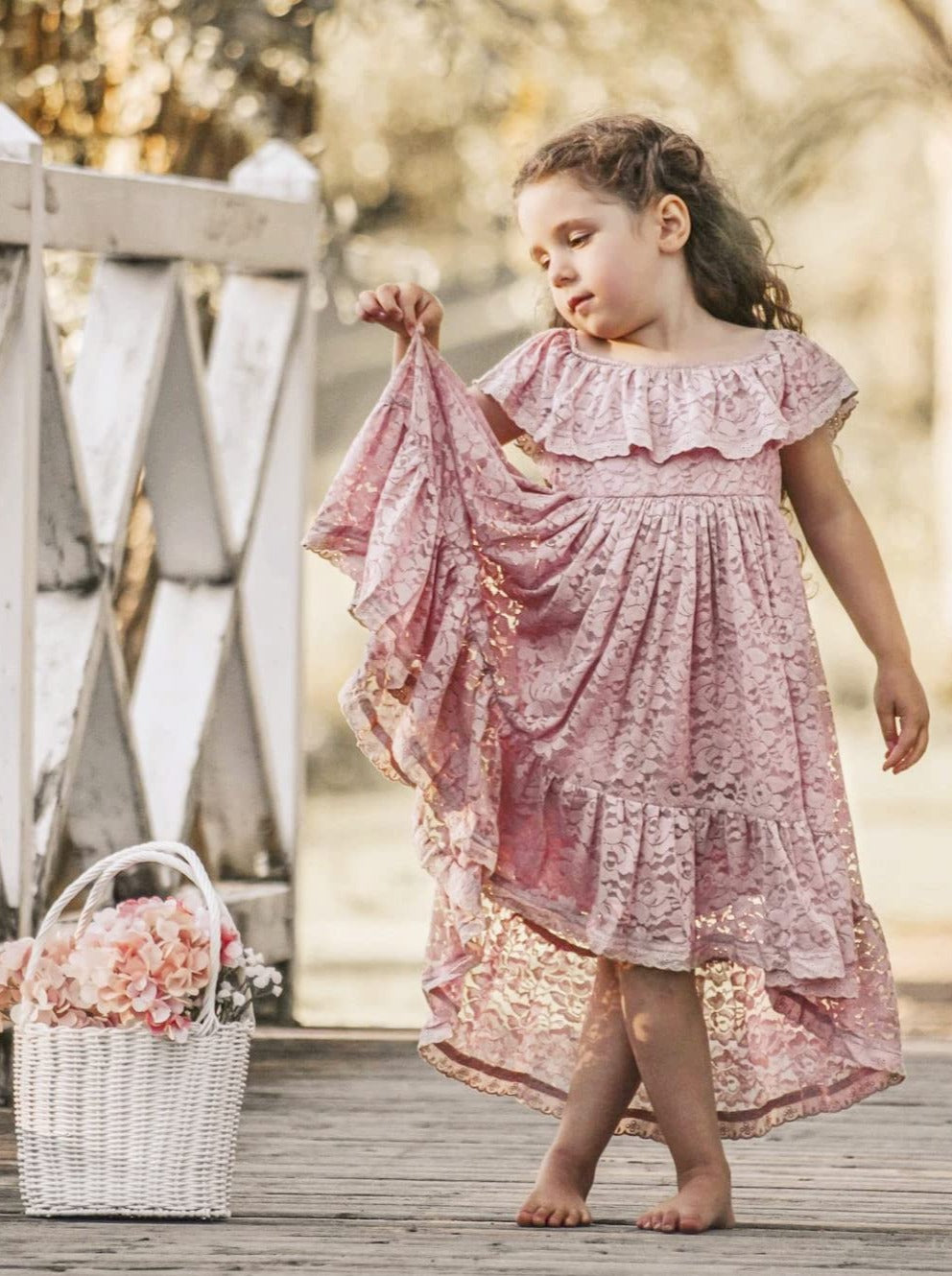 2Bunnies Flower Girl Dress Paisley All Lace Off Shoulder Maxi (Dusty Pink) - 2BUNNIES
