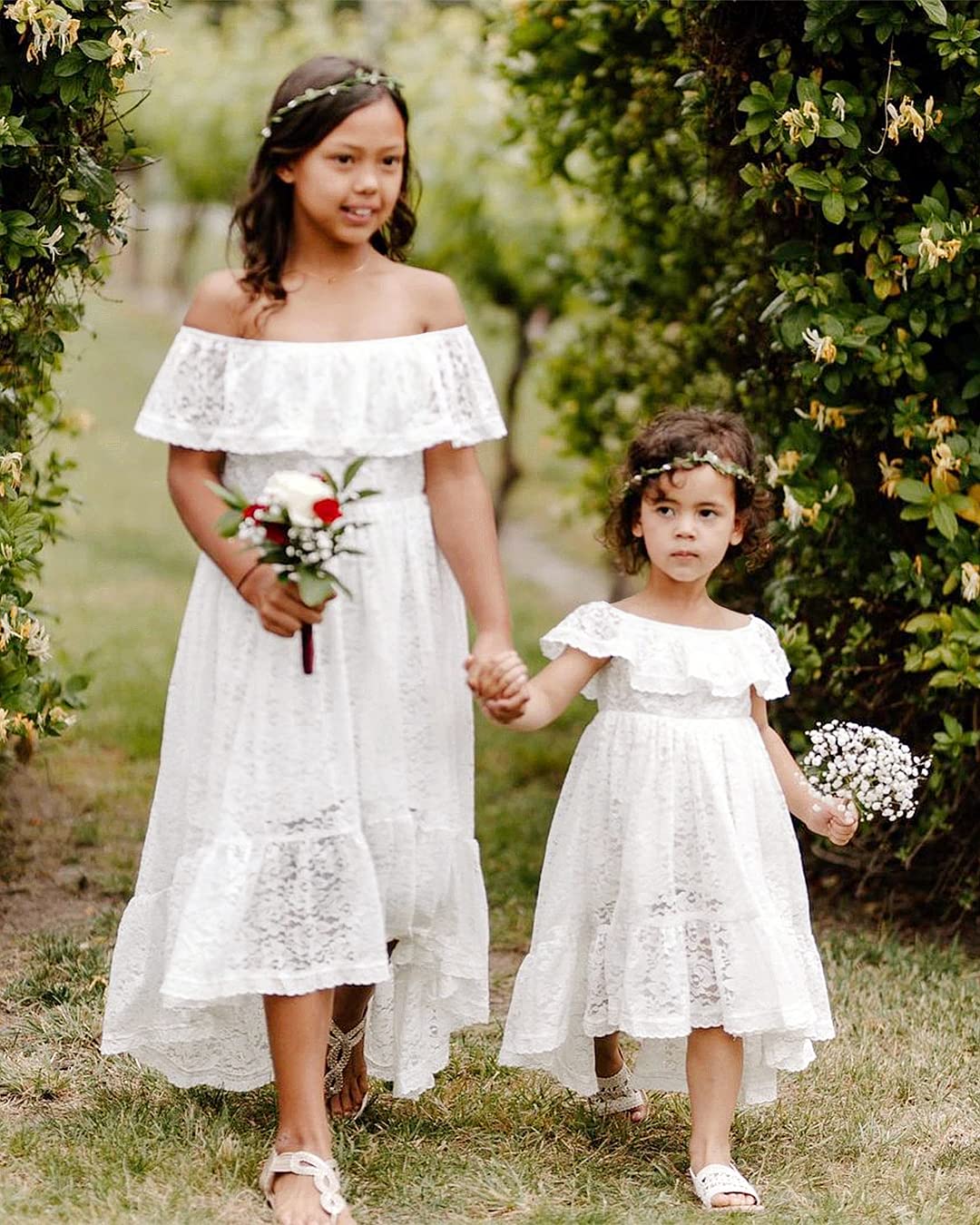 2 Bunnies Paisley All Lace Flower Girl Dress in White Off-Shoulder Tea-Length A-Line 5