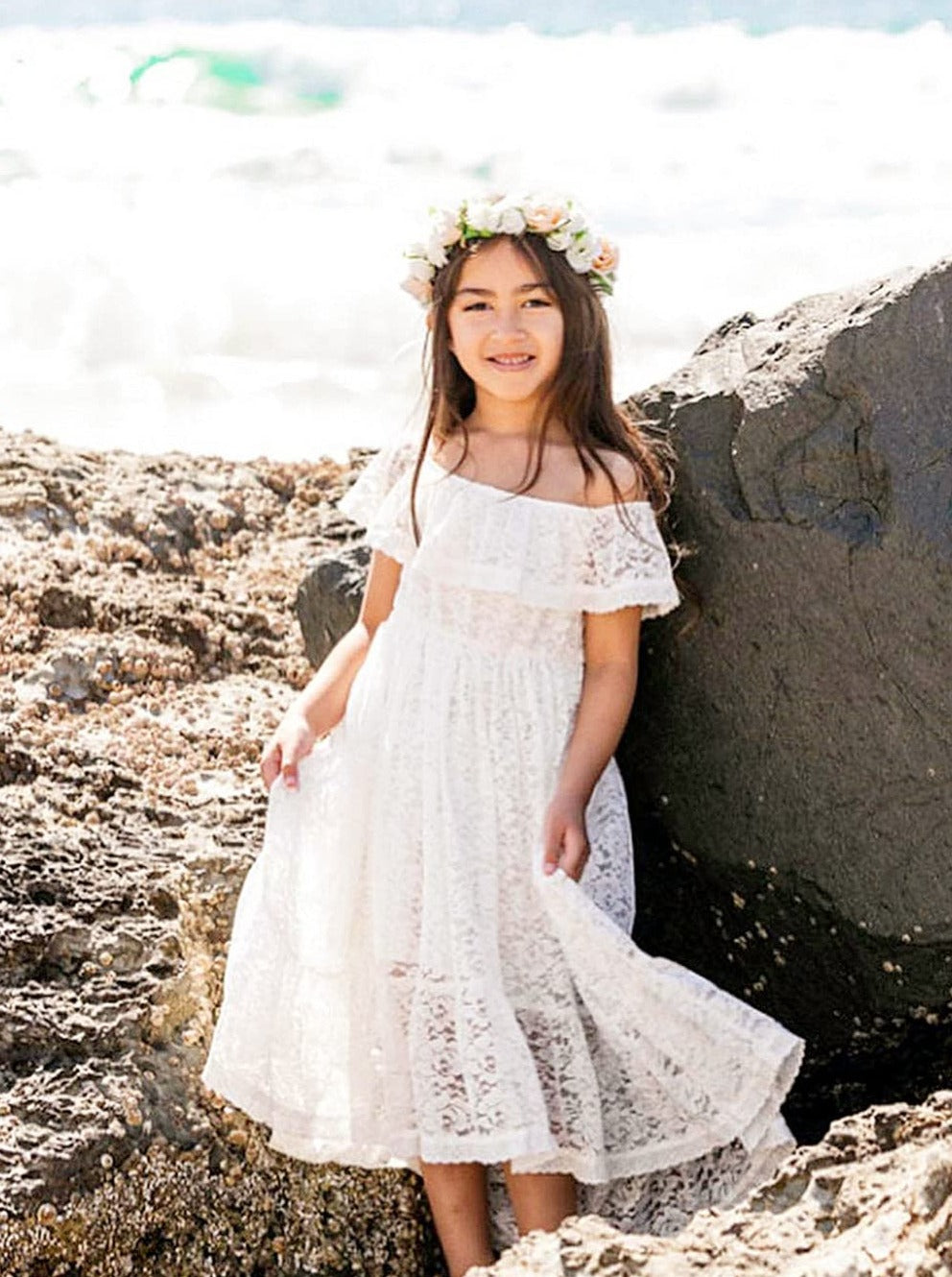 2Bunnies Flower Girl Dress Paisley All Lace Off Shoulder Maxi (White) - 2BUNNIES