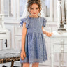 2Bunnies Girl Lace Dress Sunflower Pom Pom Trim (Dusty Blue) - 2BUNNIES