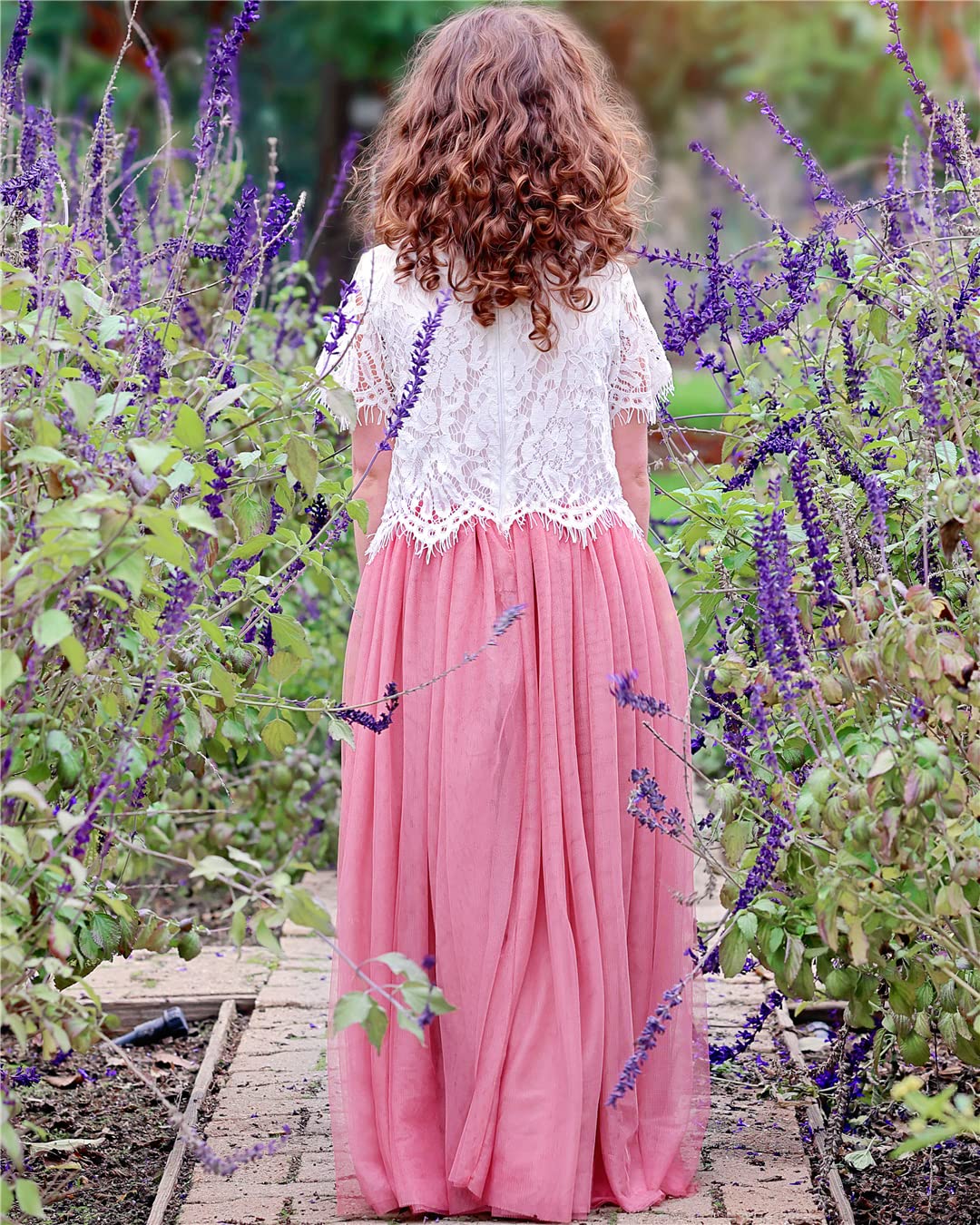 2Bunnies Flower Girl 1 Piece Dress Set Scallop Lace Short Sleeve Maxi Straight (Dusty Pink) - 2BUNNIES