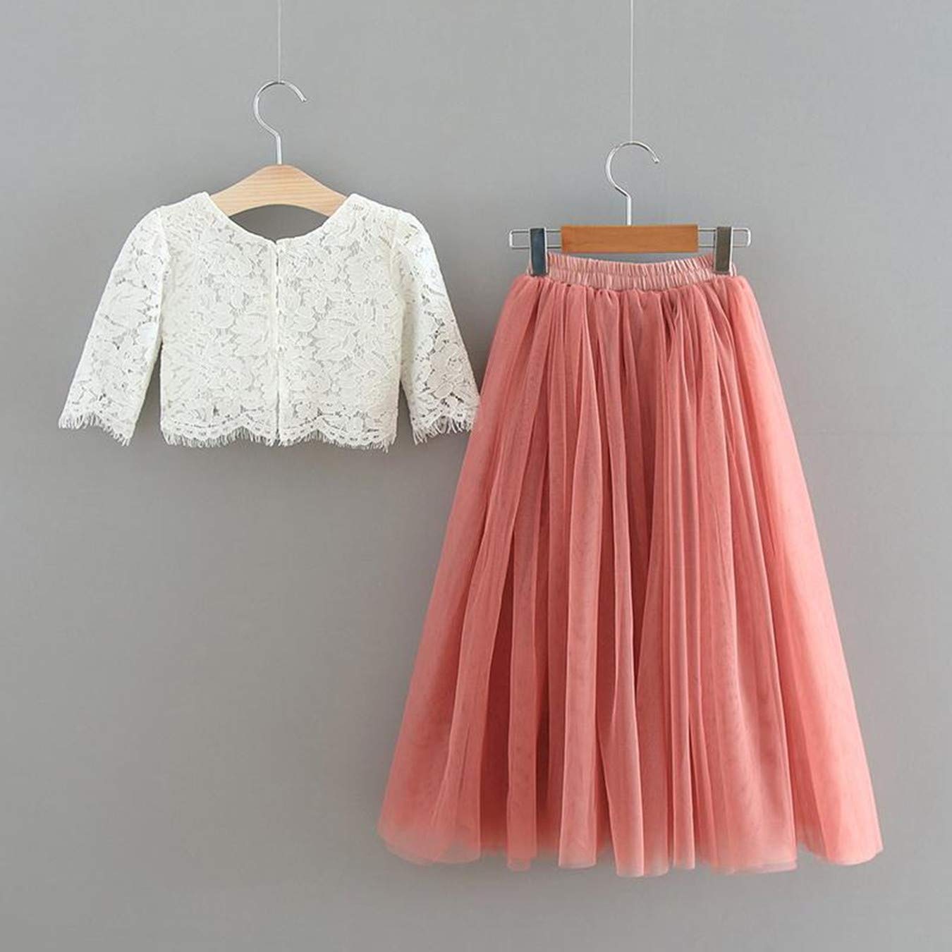 2Bunnies Flower Girl Dress 2 Piece Set Scallop Lace Long Sleeve Straight Tutu Maxi (Dusty Pink) - 2BUNNIES