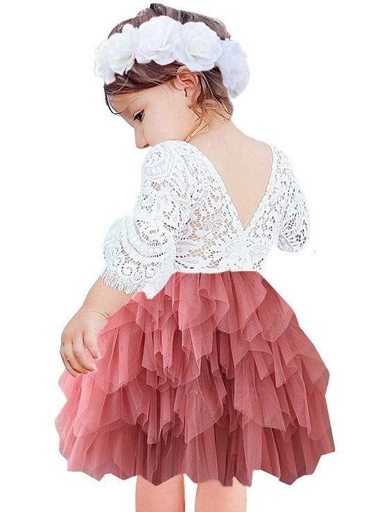 Peony Lace Tiered Tulle Girl Dress in Dusty Pink - 2BUNNIES