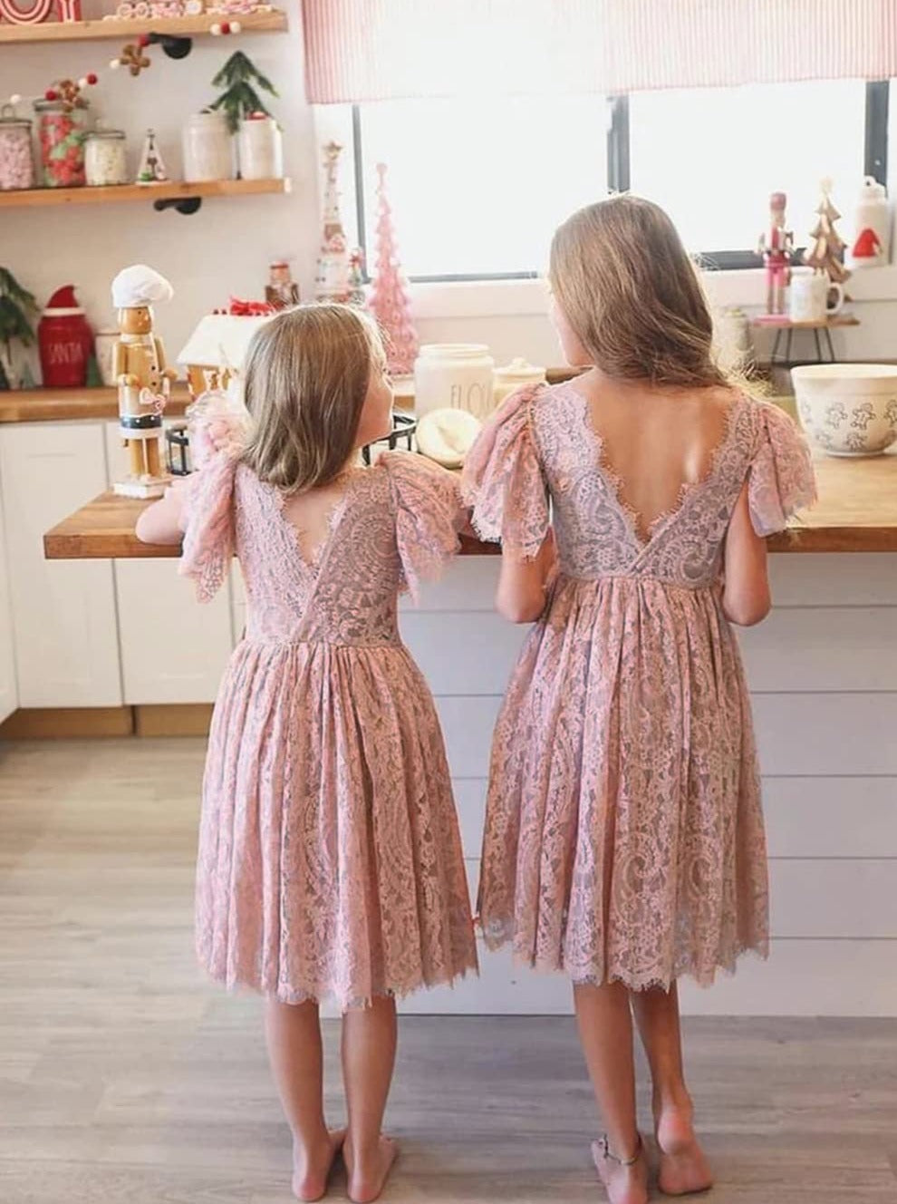 2Bunnies Flower Girl Dress Paisley Lace Back A-Line Flutter Sleeve Straight All Lace Knee (Dusty Pink) - 2BUNNIES