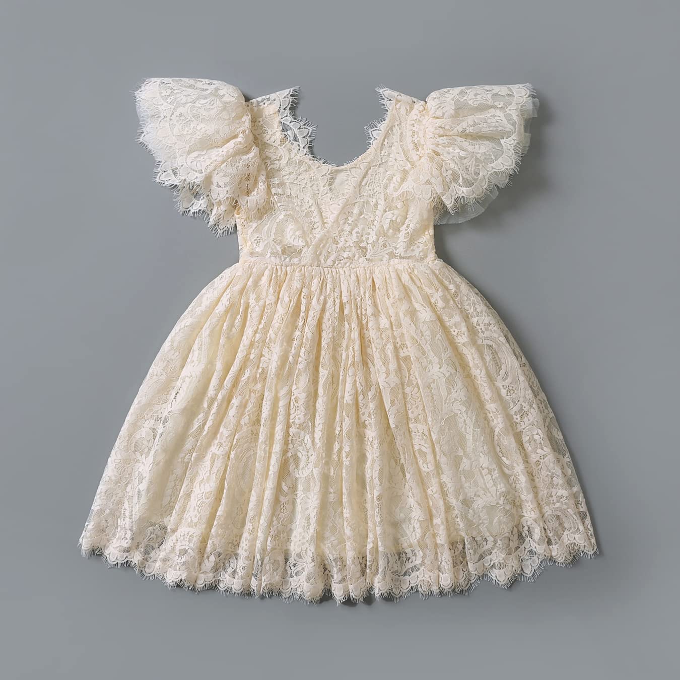 2Bunnies Flower Girl Dress Paisley Lace Back A-Line Flutter Sleeve Straight All Lace Knee (Ivory) - 2BUNNIES