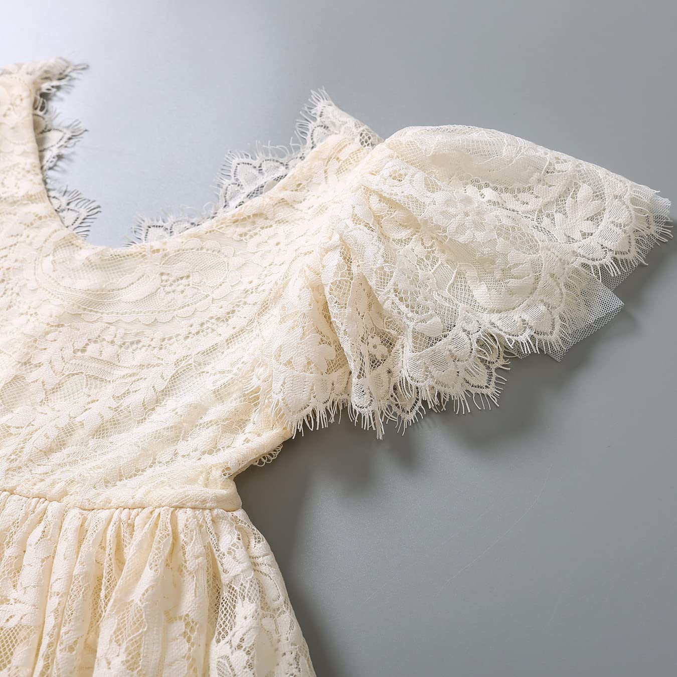 2Bunnies Flower Girl Dress Paisley Lace Back A-Line Flutter Sleeve Straight All Lace Knee (Ivory) - 2BUNNIES